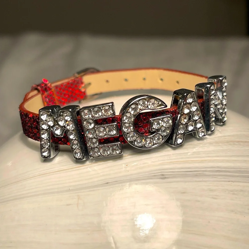 Megan Personalized Rhinestone Name Belt‎ Bracelet in Red Sparkle Adjustable